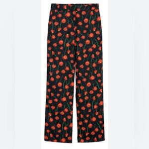 H&M Black Wide-Leg Trousers with Red Floral Print